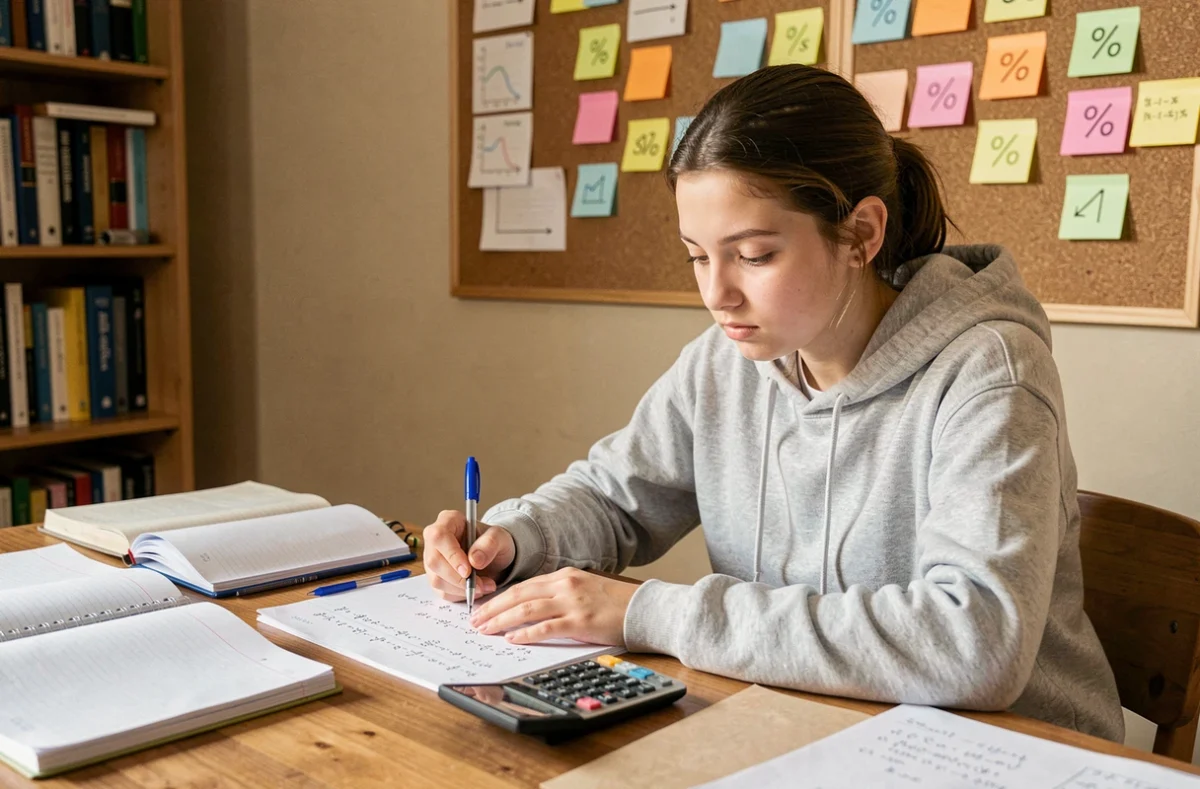 Étudiante calculant un taux d'évolution avec une calculatrice scientifique et des cahiers de mathématiques sur un bureau en bois