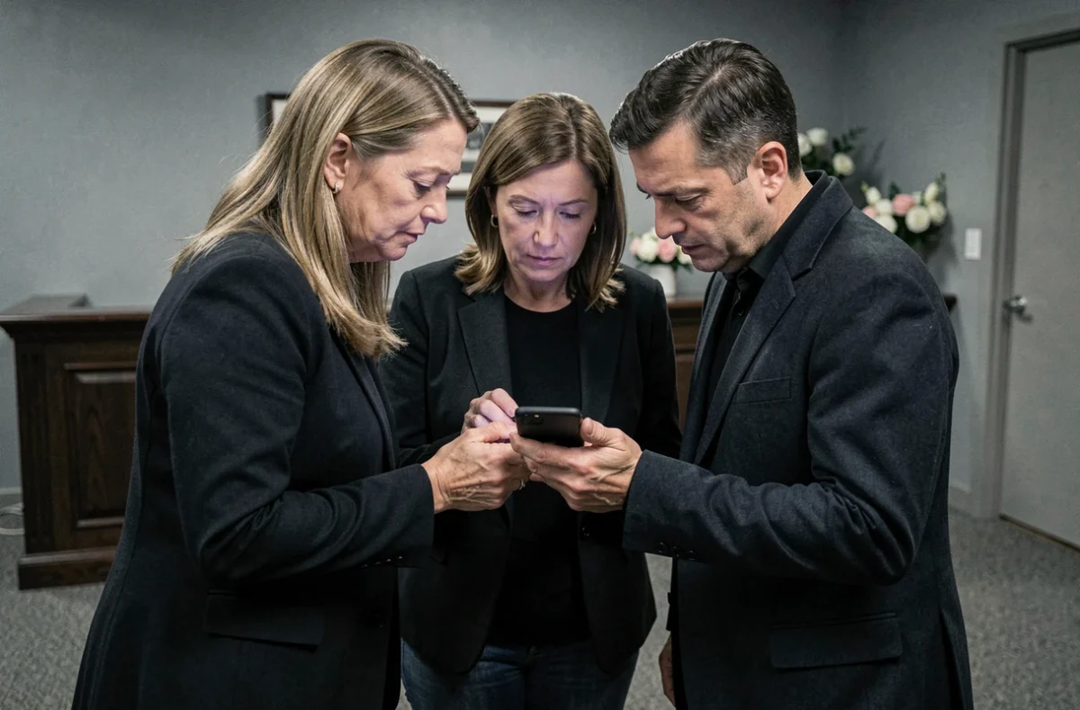Famille réunie autour d'un smartphone pour organiser une cagnotte lors de funérailles dans un salon funéraire