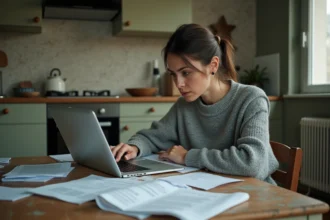 Femme stressée qui examine des documents d'aide au paiement du loyer dans un appartement modeste
