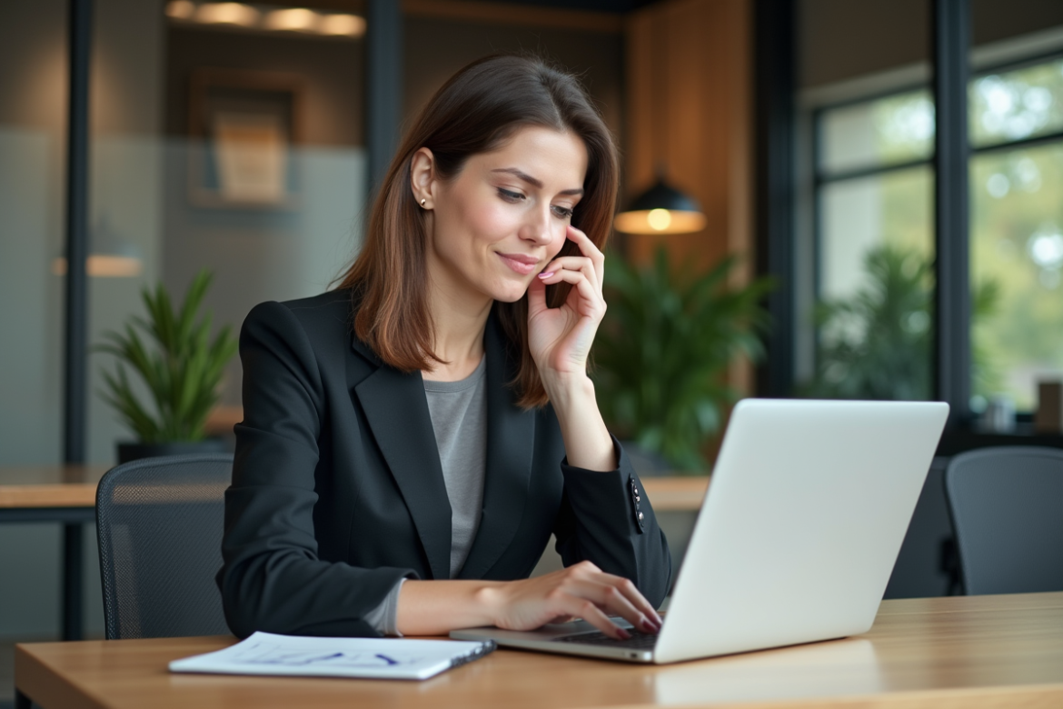 Femme en blazer analyse un graphique de ventes sur son ordinateur