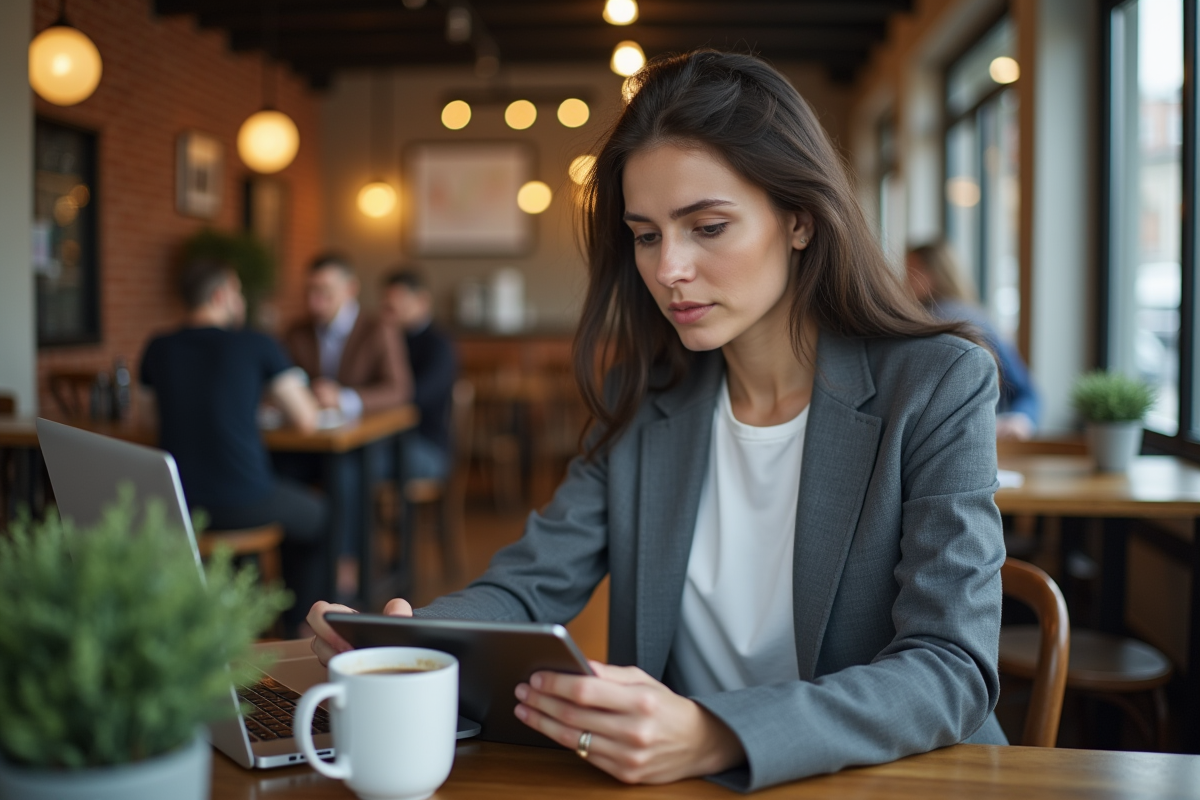 Jeune femme analysant un graphique de profit sur une tablette au café