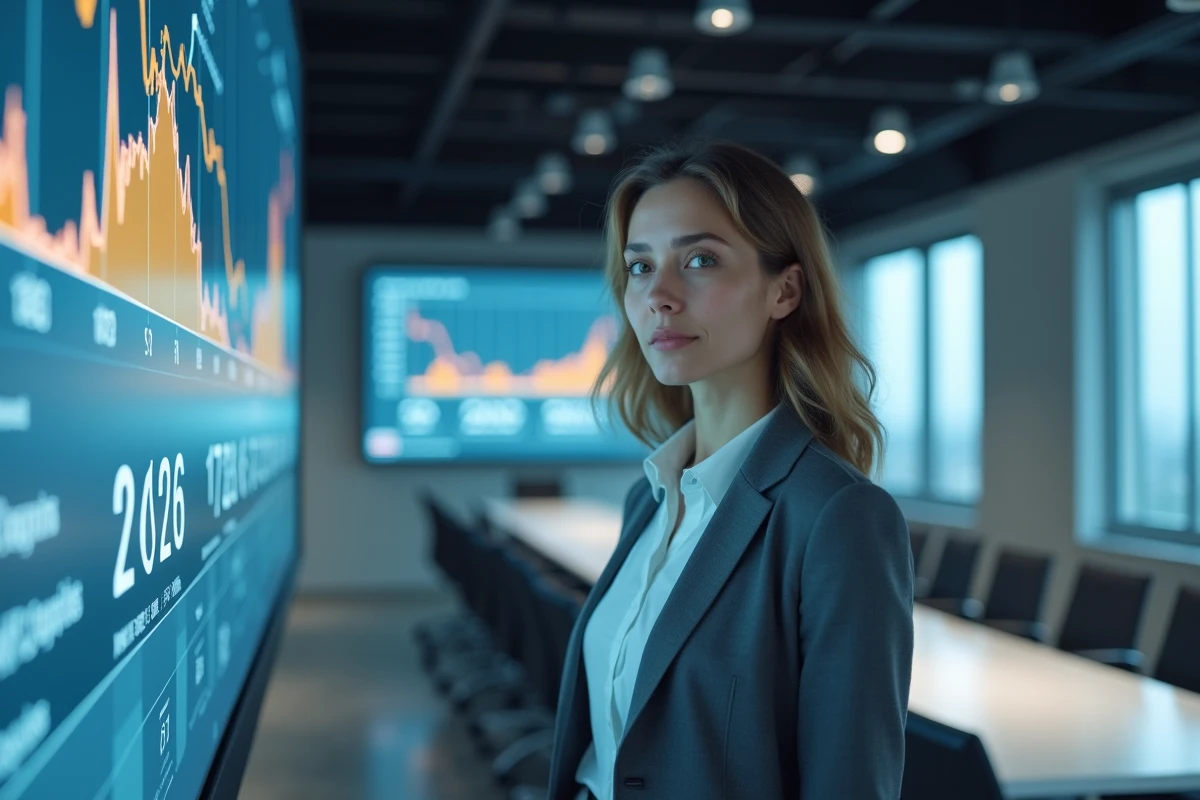 Femme analyste présentant des projections boursières 2026 sur un écran interactif en salle de conférence