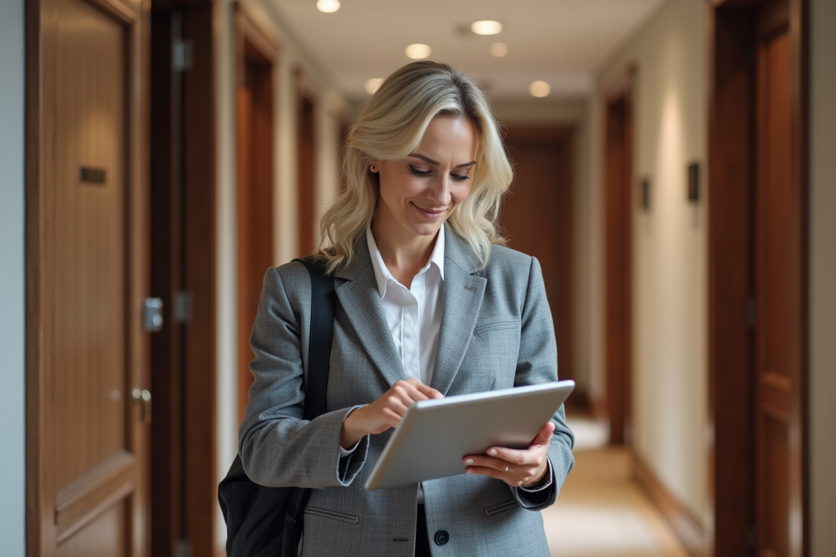 Femme examinant des plans dans un appartement