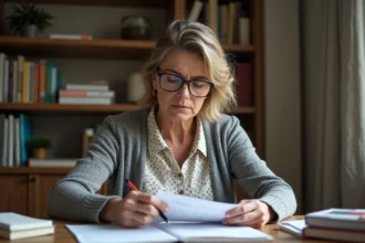 Femme française examine une fiche de paie dans un bureau à domicile