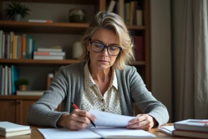 Femme française examine une fiche de paie dans un bureau à domicile