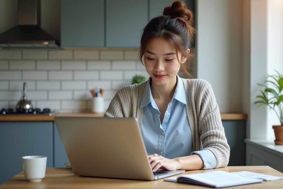 Jeune femme professionnelle consulte ses finances sur un ordinateur