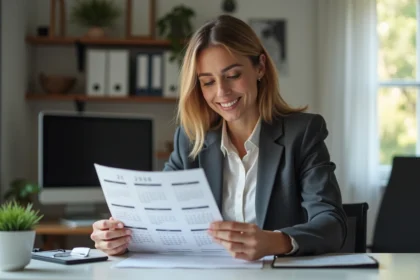 Femme en bureau moderne examinant un calendrier 2026
