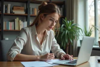 Femme en travail à domicile devant son ordinateur