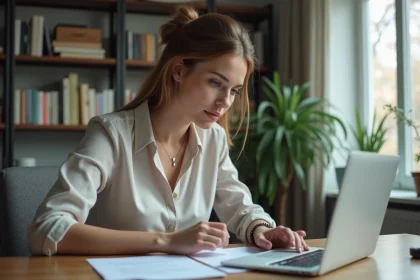 Femme en travail à domicile devant son ordinateur