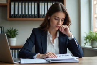 Femme en bureau moderne regardant son ordinateur
