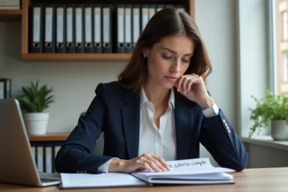 Femme en bureau moderne regardant son ordinateur