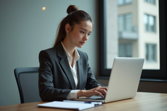 Jeune femme en bureau moderne travaillant sur son ordinateur portable
