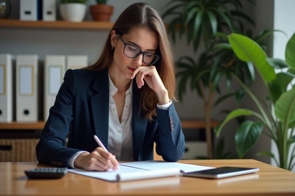 Femme en blazer navy dans un bureau moderne