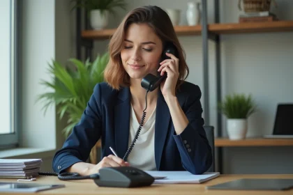 Femme en bureau parlant au téléphone dans un environnement moderne