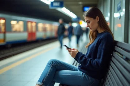 Femme assise sur un banc dans une gare avec son smartphone