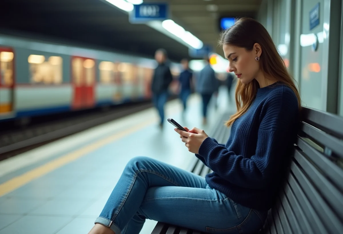 Femme assise sur un banc dans une gare avec son smartphone