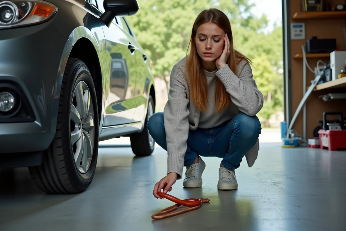 Jeune femme inspectant un câble cuivre dans un garage résidentiel