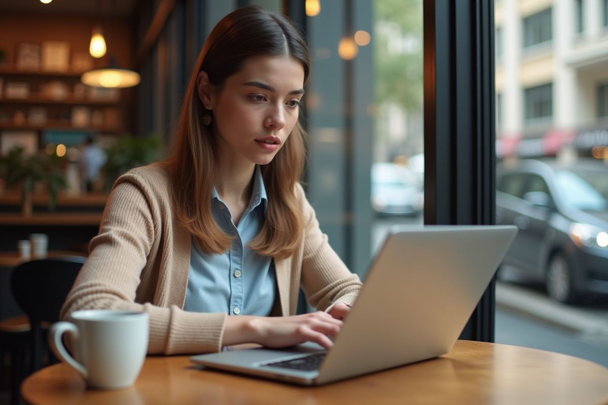 Jeune femme au café utilisant un ordinateur portable pour une demande de prêt
