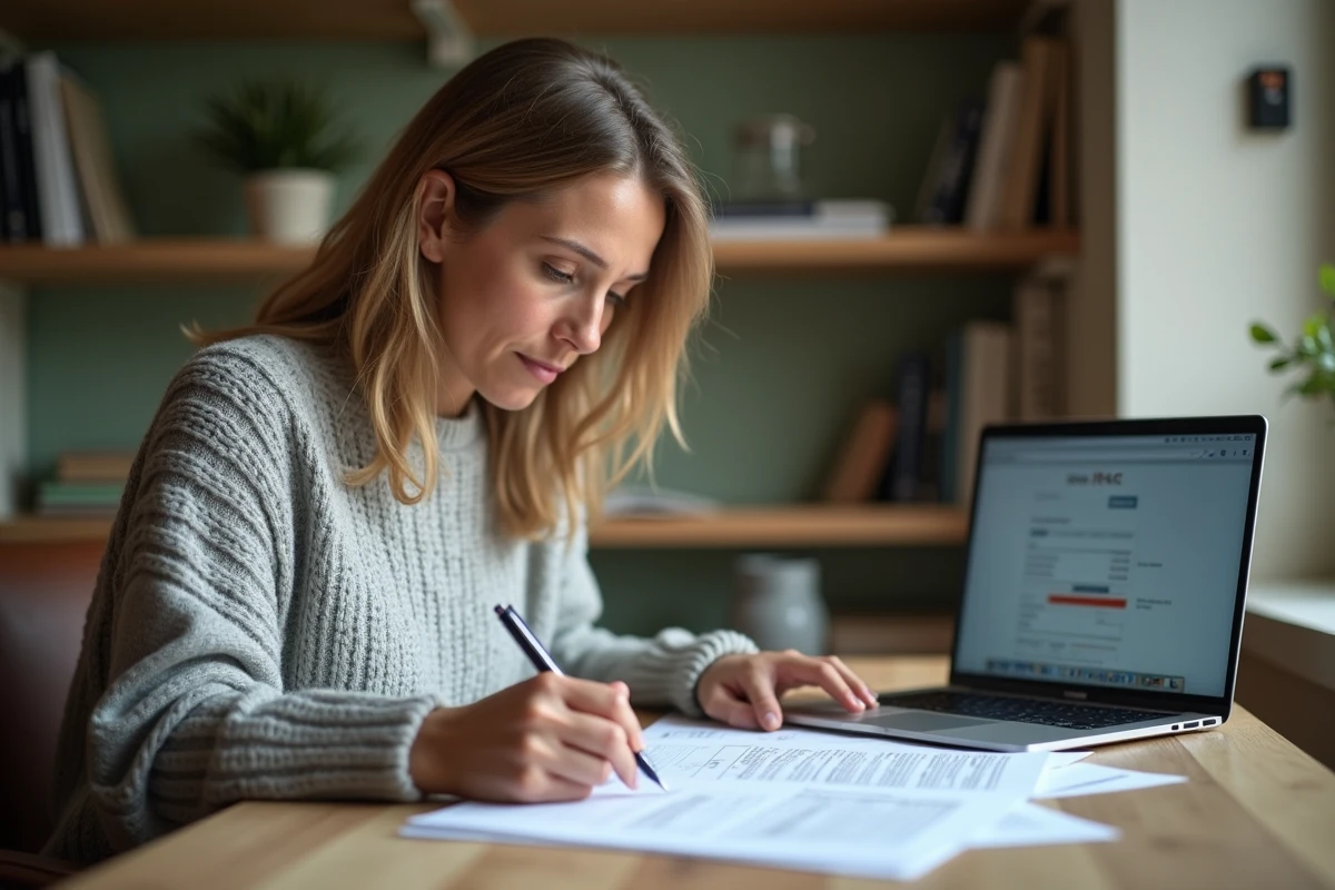 Femme remplissant le formulaire Cerfa 2042 RICI à son bureau pour réduire ses impôts