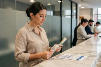 Femme comparant le taux de change dirham euro dans une agence bancaire moderne
