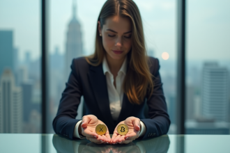 Jeune femme en costume compare deux coins crypto