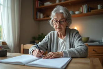 Femme d'une cinquantaine d'années consultant des documents d'assurance vie à une table en bois après le décès d'un proche