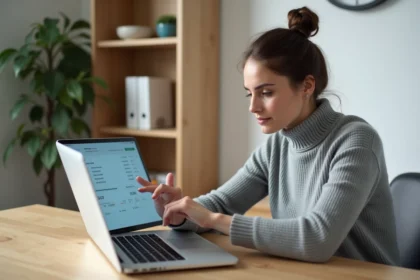Femme consultant une ligne de versement 1745 sur son espace bancaire en ligne depuis un bureau à domicile