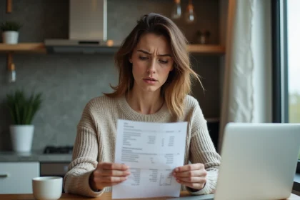 Femme inquiète examinant son relevé bancaire à la maison