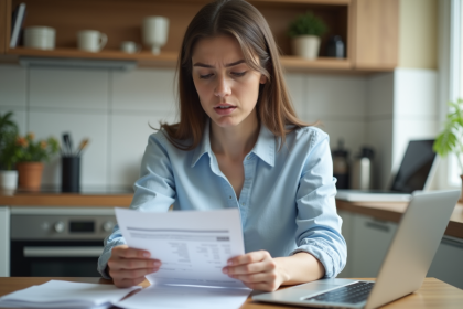 Jeune femme examine un relevé bancaire à la maison