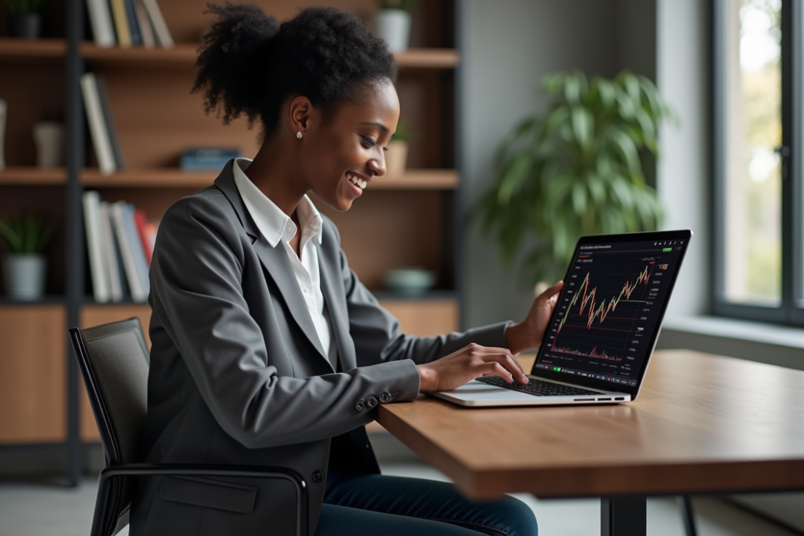 Jeune femme noire analysant un graphique crypto dans son bureau