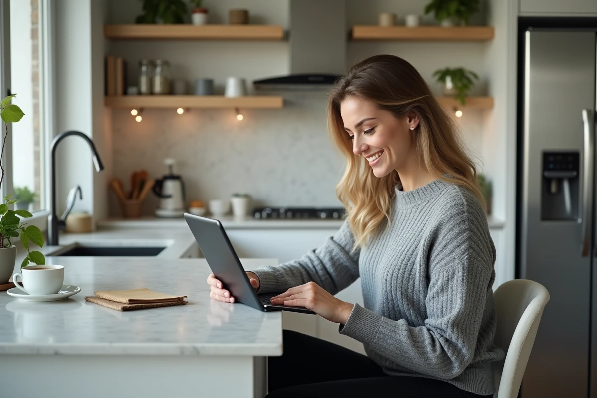 Jeune femme dans la cuisine consultat un portefeuille numérique