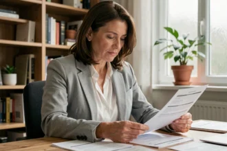 Femme consultant des documents d'assurance sur un bureau en bois pour négocier un remboursement de prélèvement ADIS