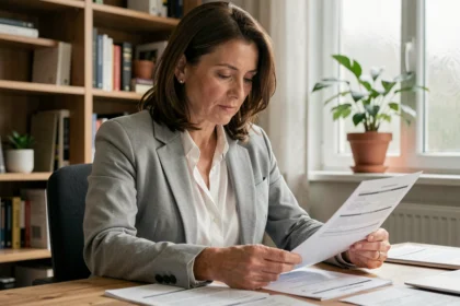 Femme consultant des documents d'assurance sur un bureau en bois pour négocier un remboursement de prélèvement ADIS