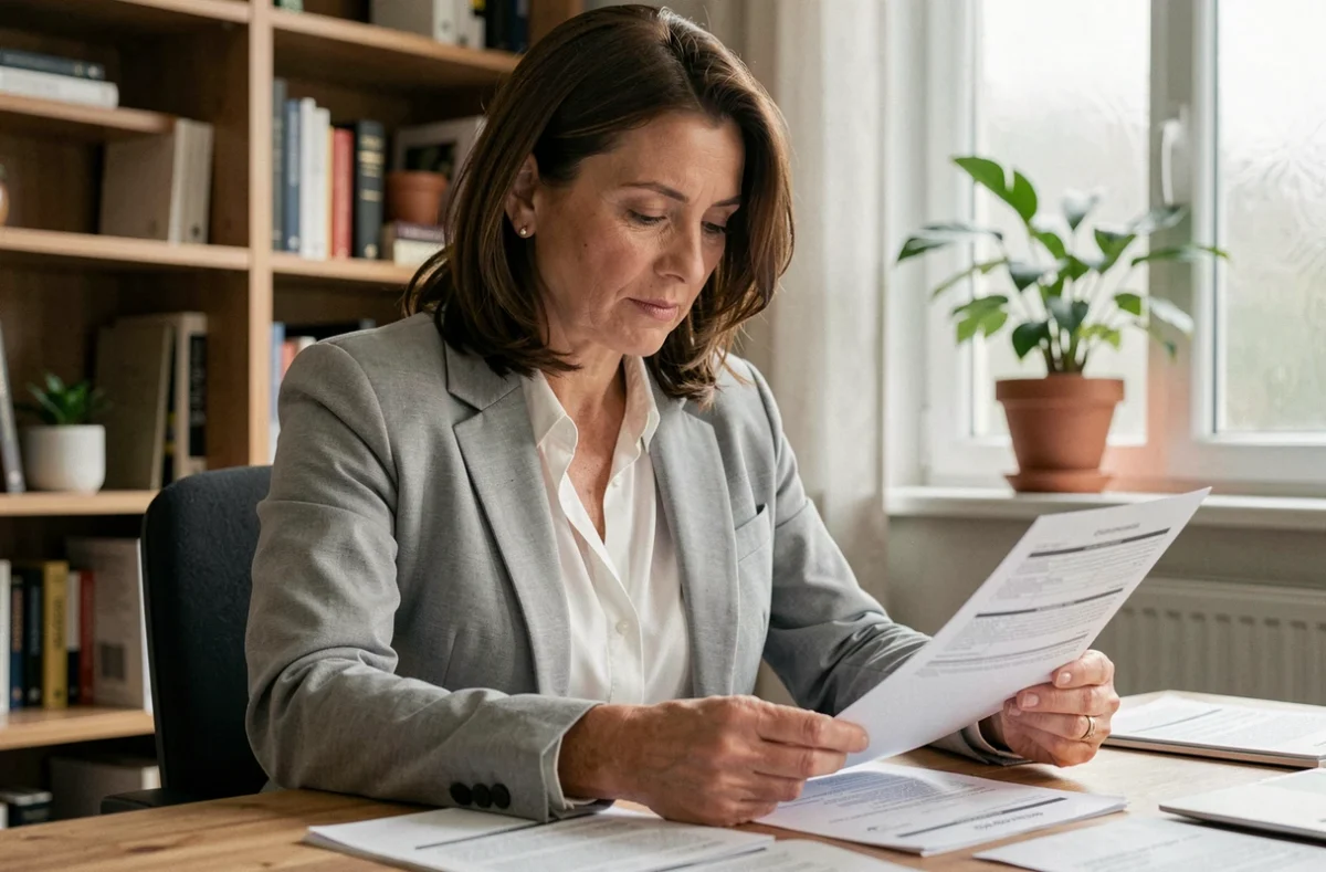 Femme consultant des documents d'assurance sur un bureau en bois pour négocier un remboursement de prélèvement ADIS