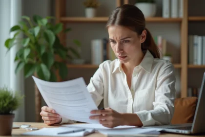 Femme consultant des documents bancaires à son bureau pour comprendre les frais de clôture anticipée d'un compte