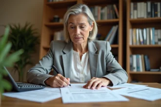 Femme étudiant des documents fiscaux liés à la taxe foncière et aux revenus fonciers en micro-foncier à son bureau à domicile