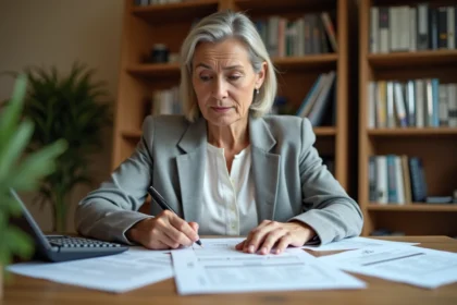 Femme étudiant des documents fiscaux liés à la taxe foncière et aux revenus fonciers en micro-foncier à son bureau à domicile