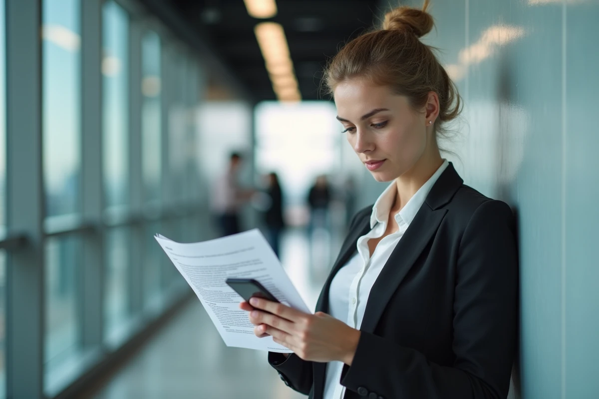 Jeune femme compare email papier et numérique dans un couloir
