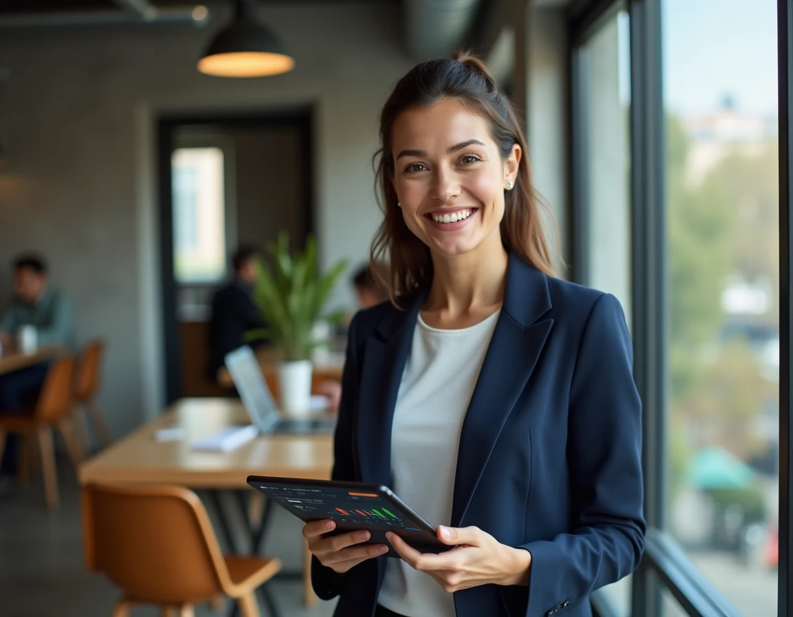 Femme consultant l'interface eToro sur tablette pour comparer crypto et ETF dans un espace de coworking