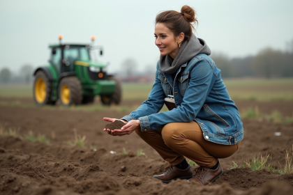 Femme en denim examine la terre dans un champ en mai