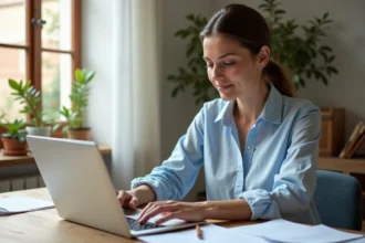 Femme expatriée contactant le Cesu Urssaf depuis l'étranger sur son ordinateur portable dans un bureau à domicile méditerranéen