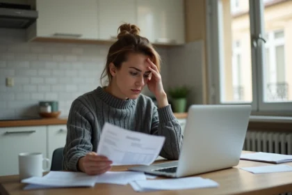Femme stressée tenant une facture Free impayée devant son ordinateur portable dans une cuisine moderne