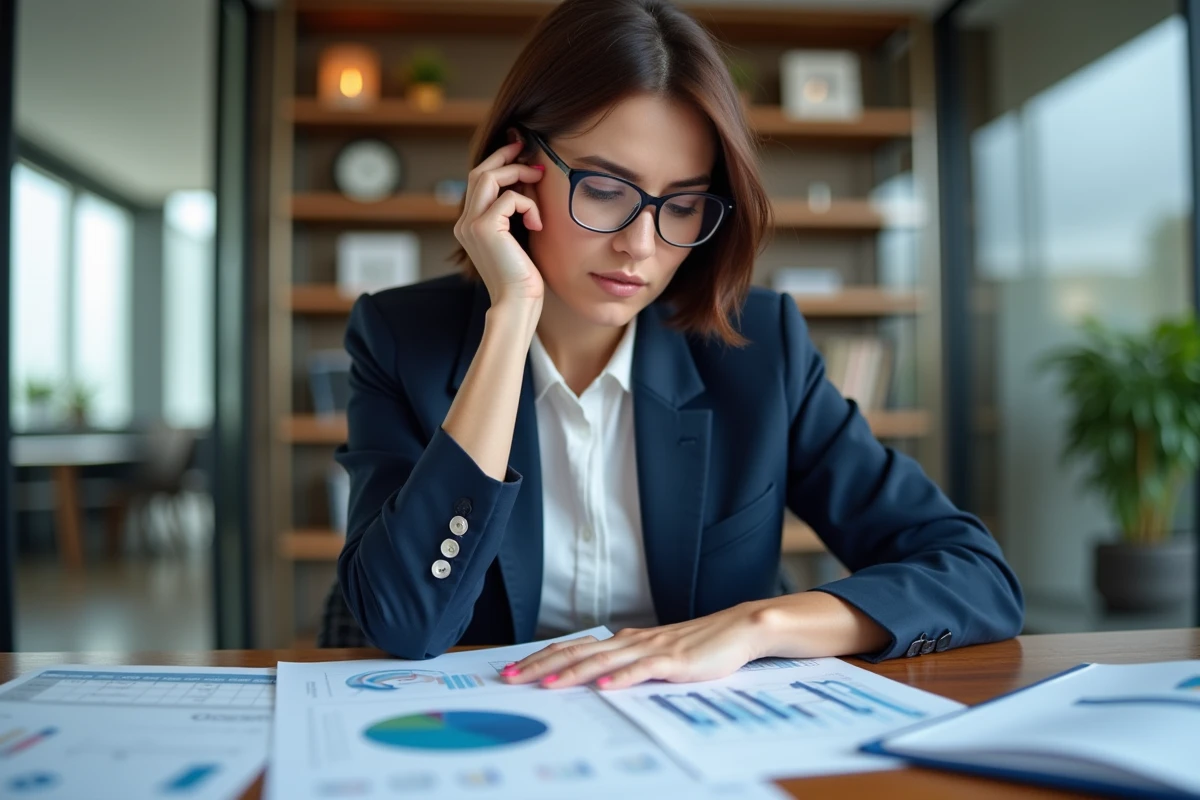Femme professionnelle compare des graphiques dans un bureau moderne