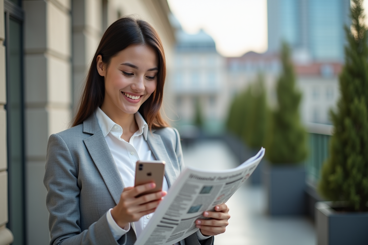Jeune femme en costume vérifiant son smartphone en ville