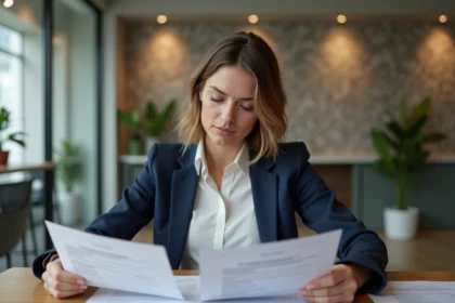 Femme professionnelle examine documents de prêt immobilier