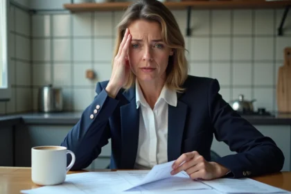 Femme inquiète consultant ses relevés bancaires après un incident de paiement et un dépassement de découvert autorisé