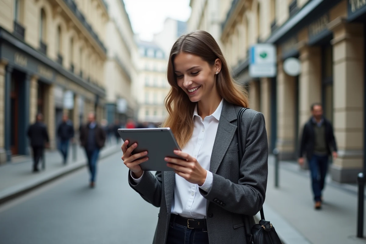 Jeune femme en ville regardant une tablette avec sourire