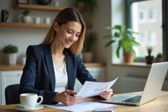 Femme confiante examinant un rapport d'investissement à la maison