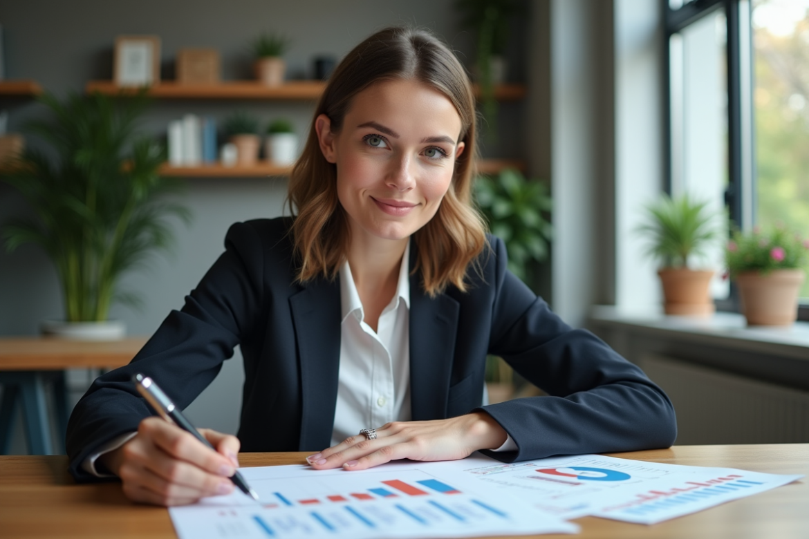 Femme d affaires regardant des graphiques financiers