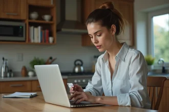 Femme utilisant un ordinateur portable avec une carte d'identité